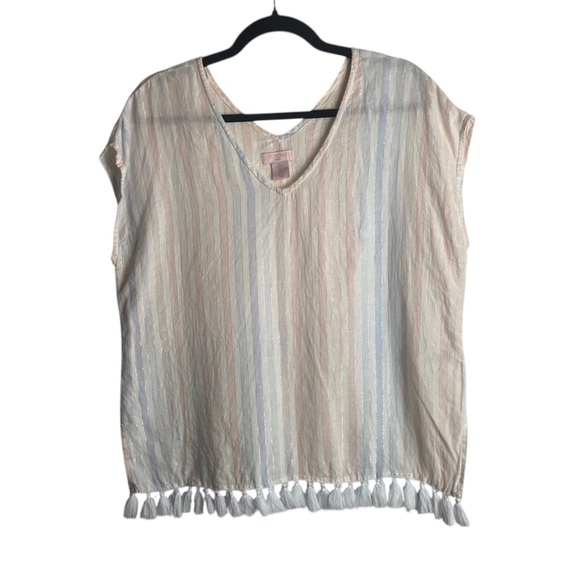 St Tropez West Size Small Pure Linen Shirt Tassel Hem Metalic Pastel Stripes - Picture 1 of 8